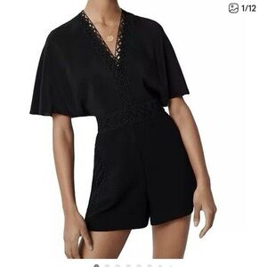Maje Idelle Black Lace-Trim V-Neck Romper